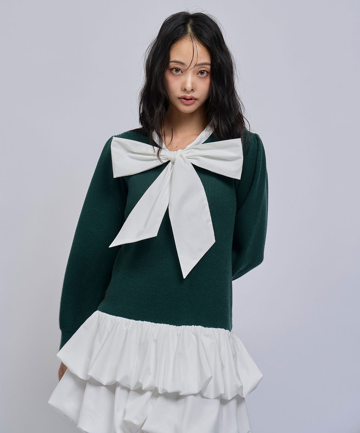 【=LOVE 大場花菜さん着用】ビッグリボンティアードニットシャツミニワンピース