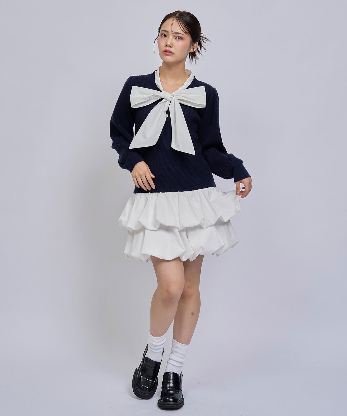 【=LOVE 大場花菜さん着用】ビッグリボンティアードニットシャツミニワンピース