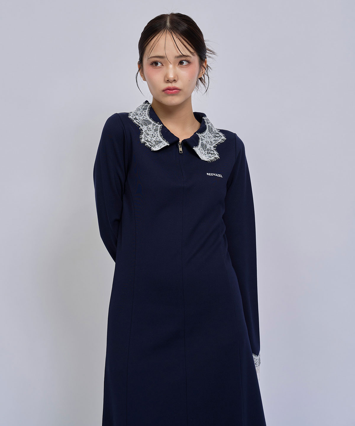 レーストリムハーフZIPポロカットロングワンピース