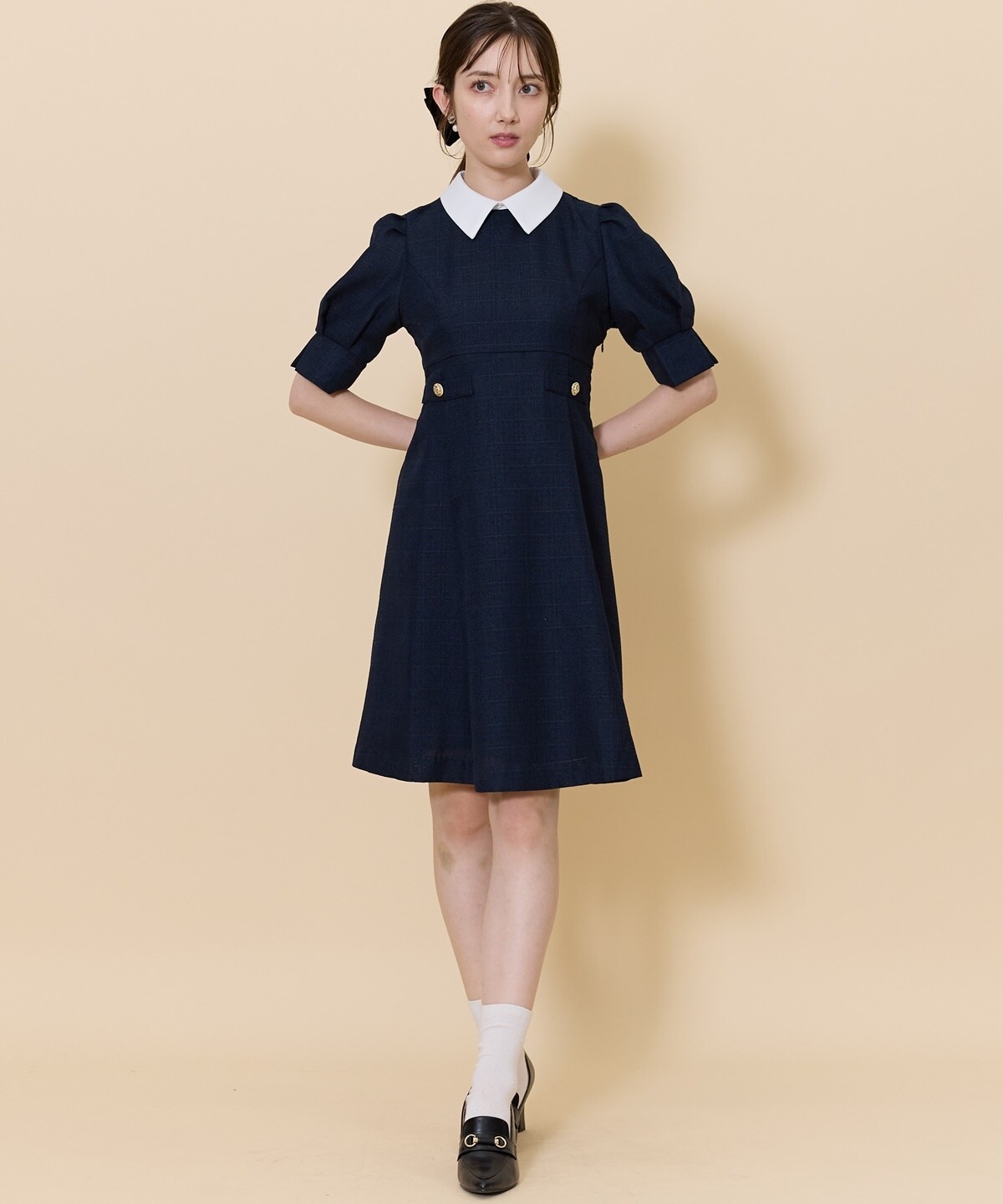 2WAYバイカラー衿エレガンスツイードミニワンピース(F サックス  