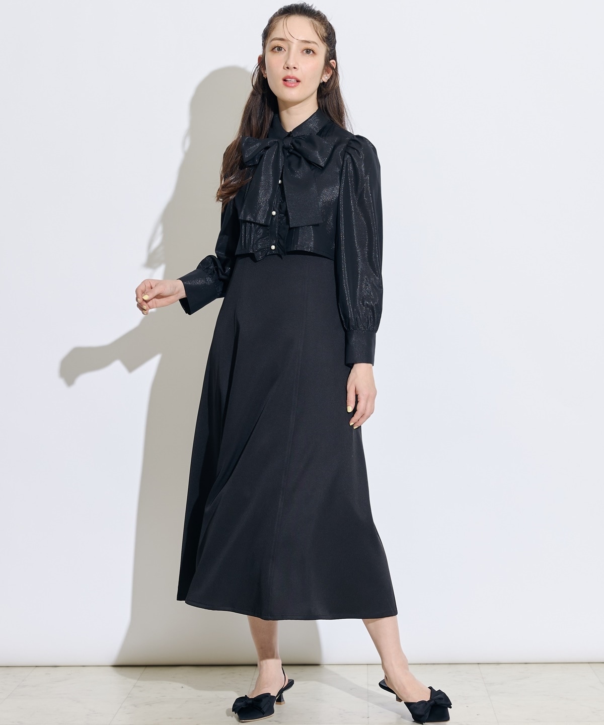 2WAYボウタイブライトシアーシャツレイヤードキャミワンピース