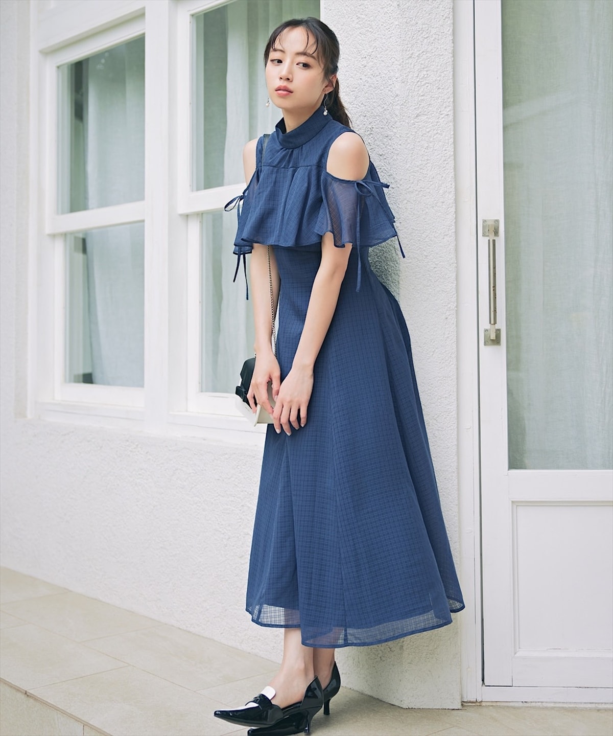 シアーチェックケープオフショルワンピース