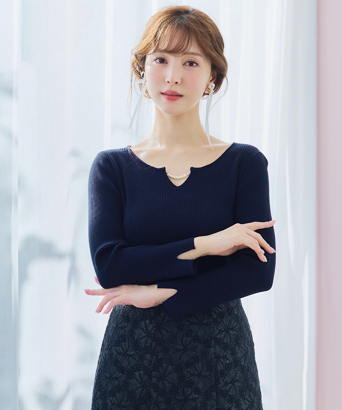 パールキーネックニットプルオーバー