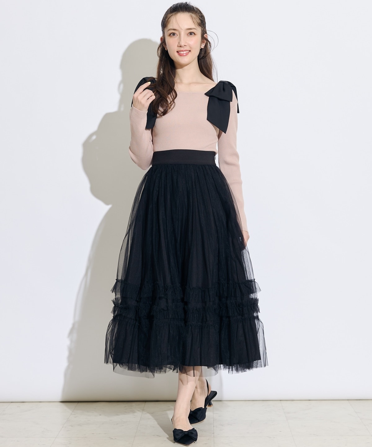 異素材ショルダーリボンスクエアネックニットプルオーバー