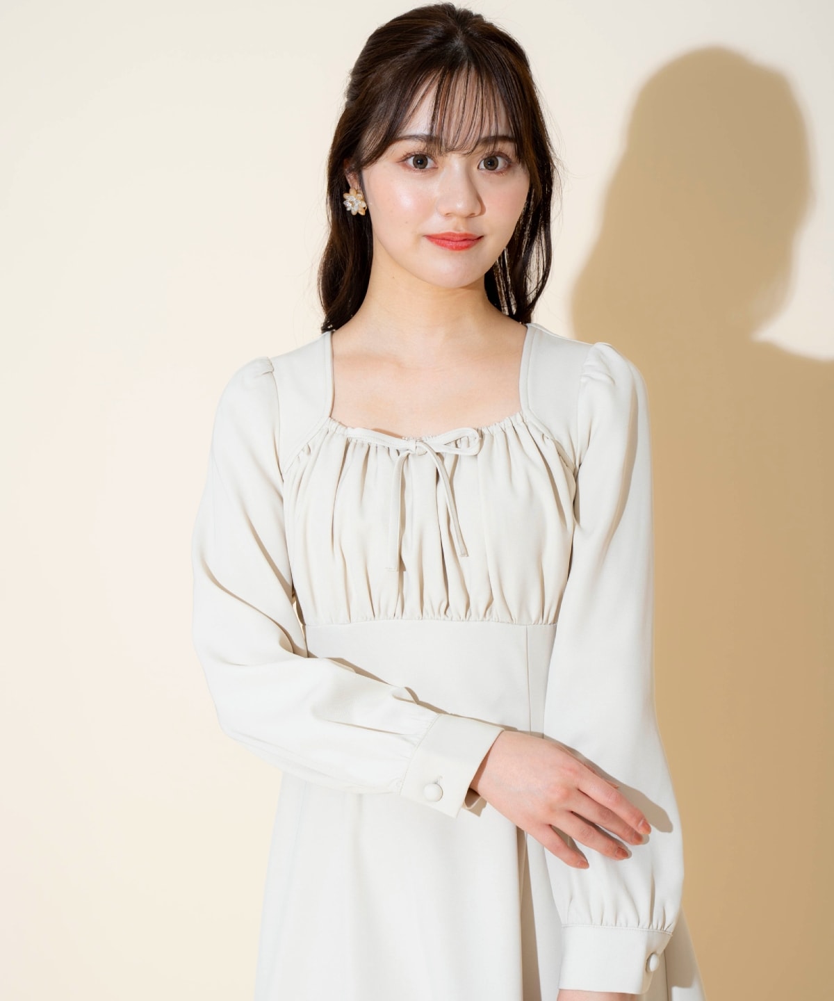 フランス製 ウール ワンピース Iライン リボン ギャザー 上質 ネイビー  