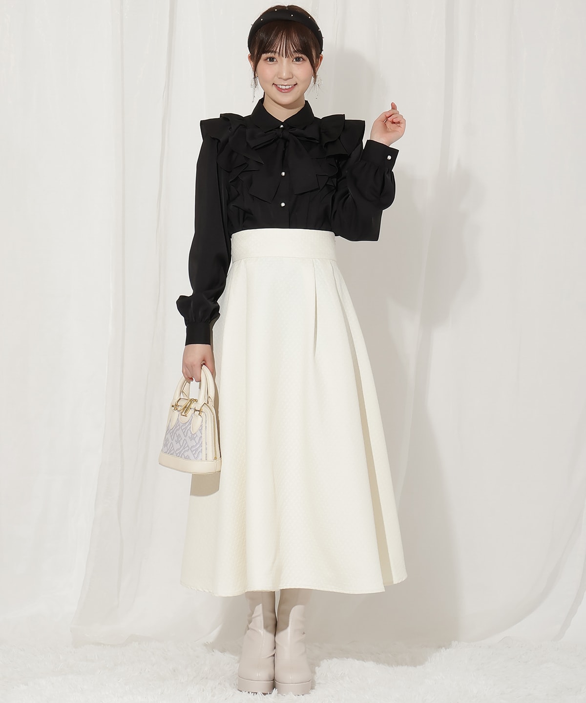 ダブルフリルリボンタイブラウス