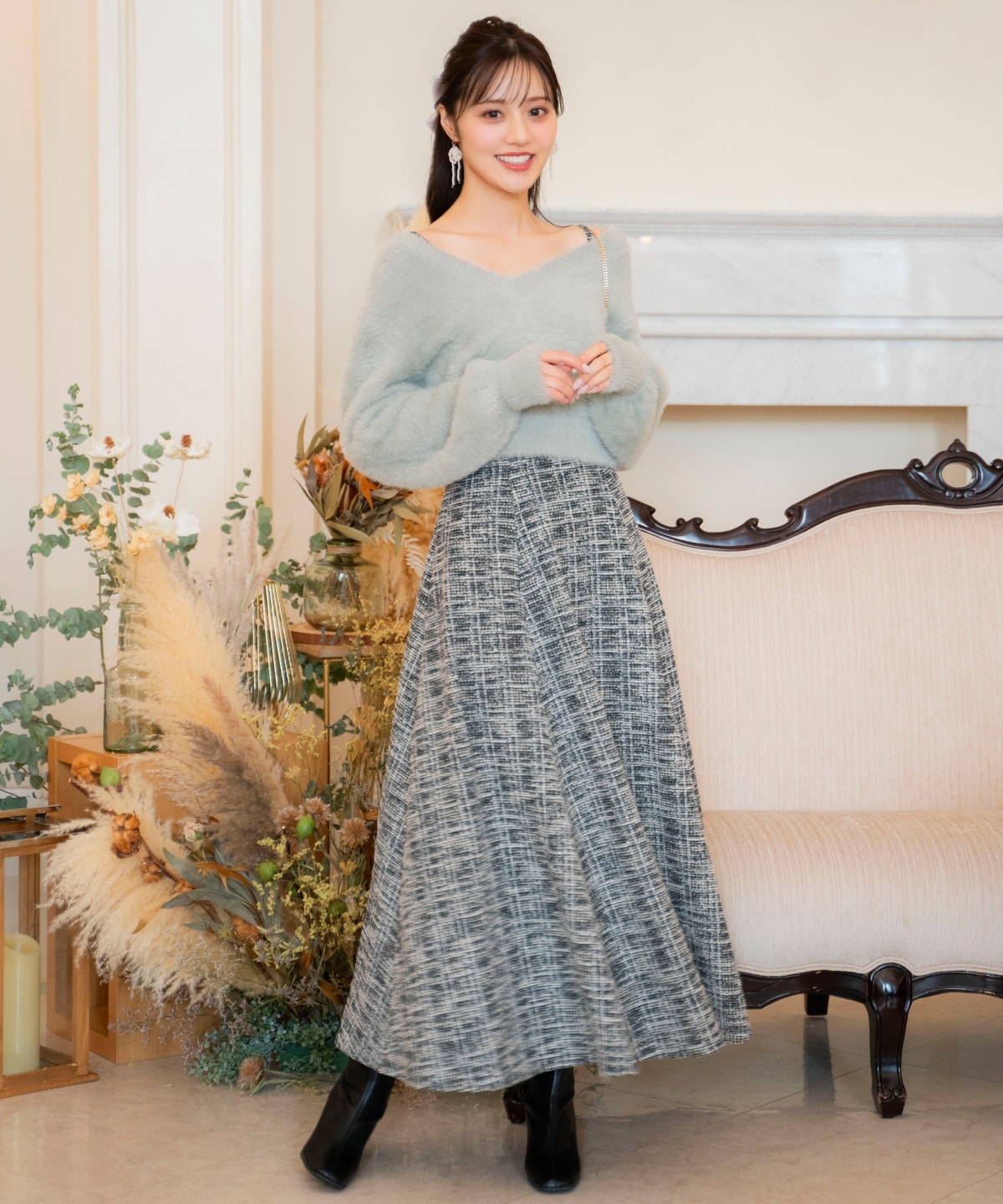 シャギーニット×フレアワンピース