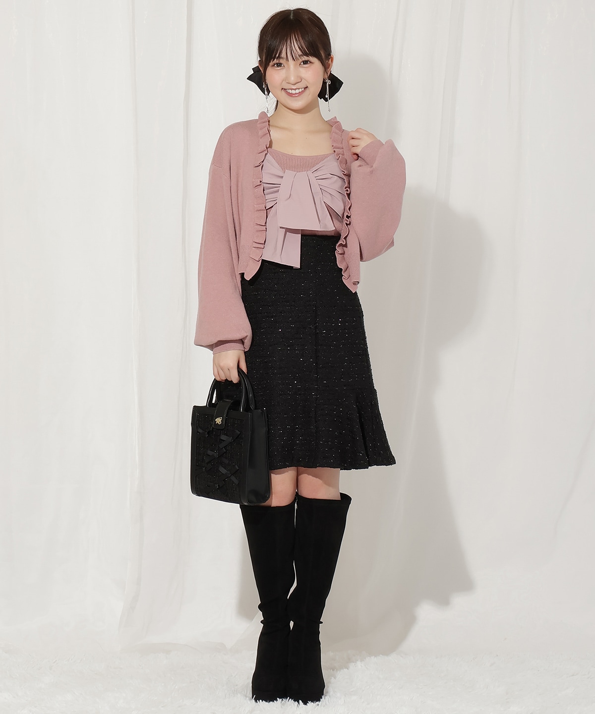 フリルカーディガン×リボンキャミセット