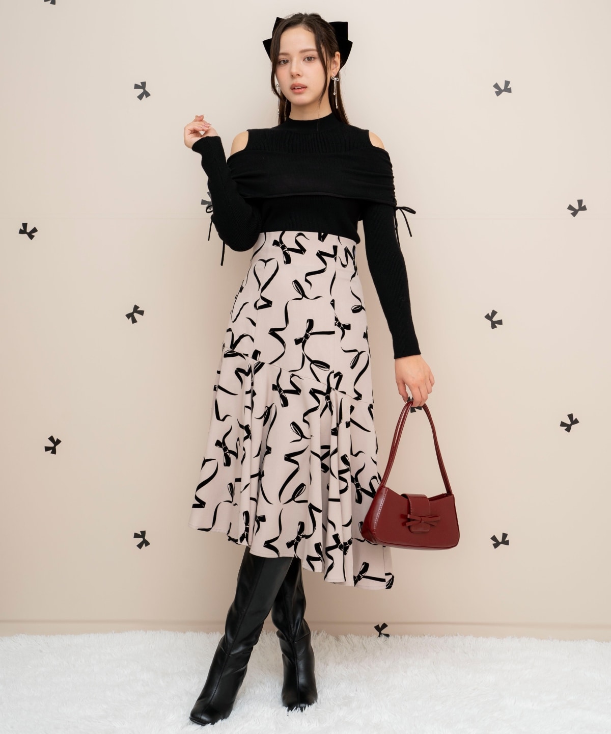 ギャザーリボンオフショルニット