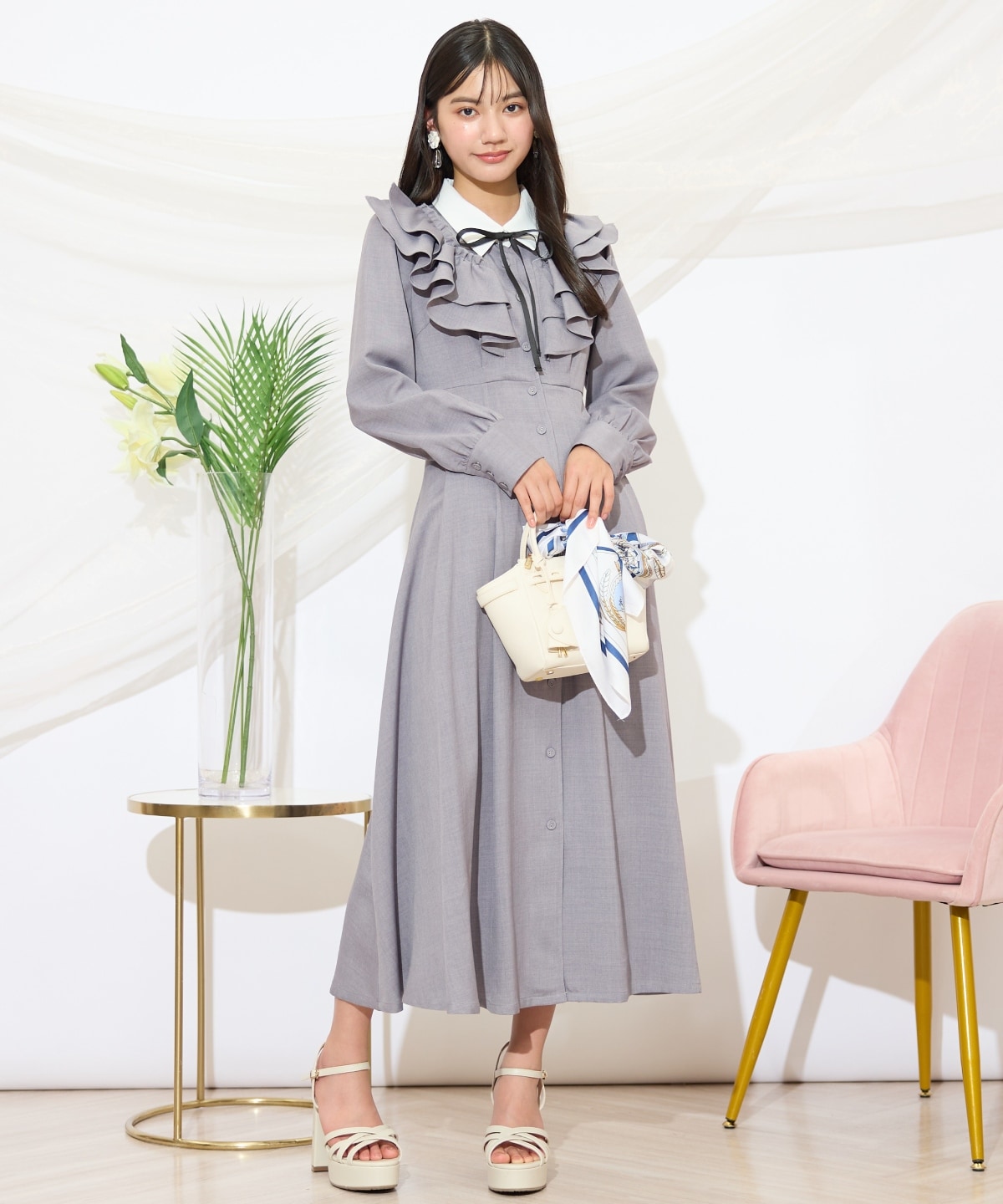 配色襟ダブルフリルシャツワンピース