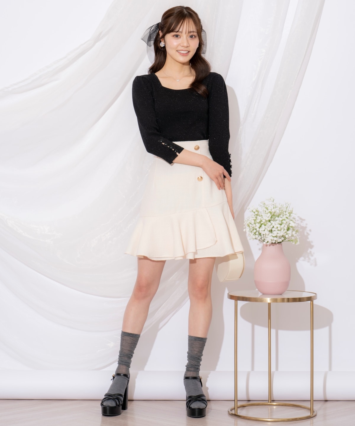 袖フラワーラメ7分袖ニットプルオーバー