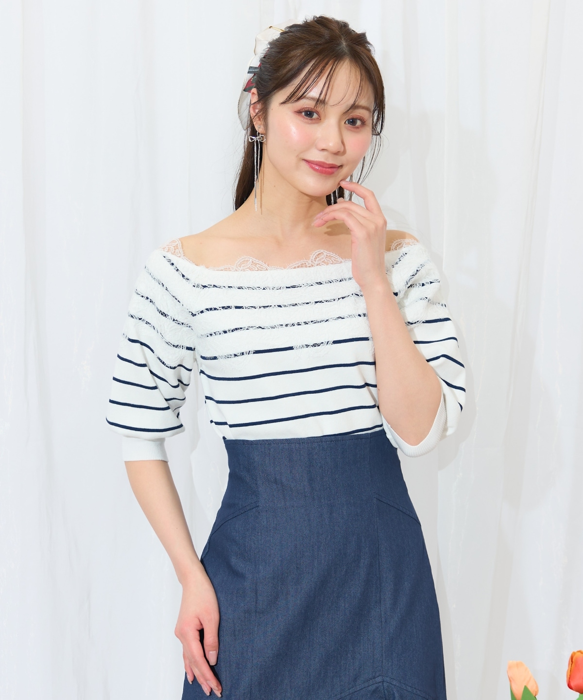 レーストリミング肩リボンニット