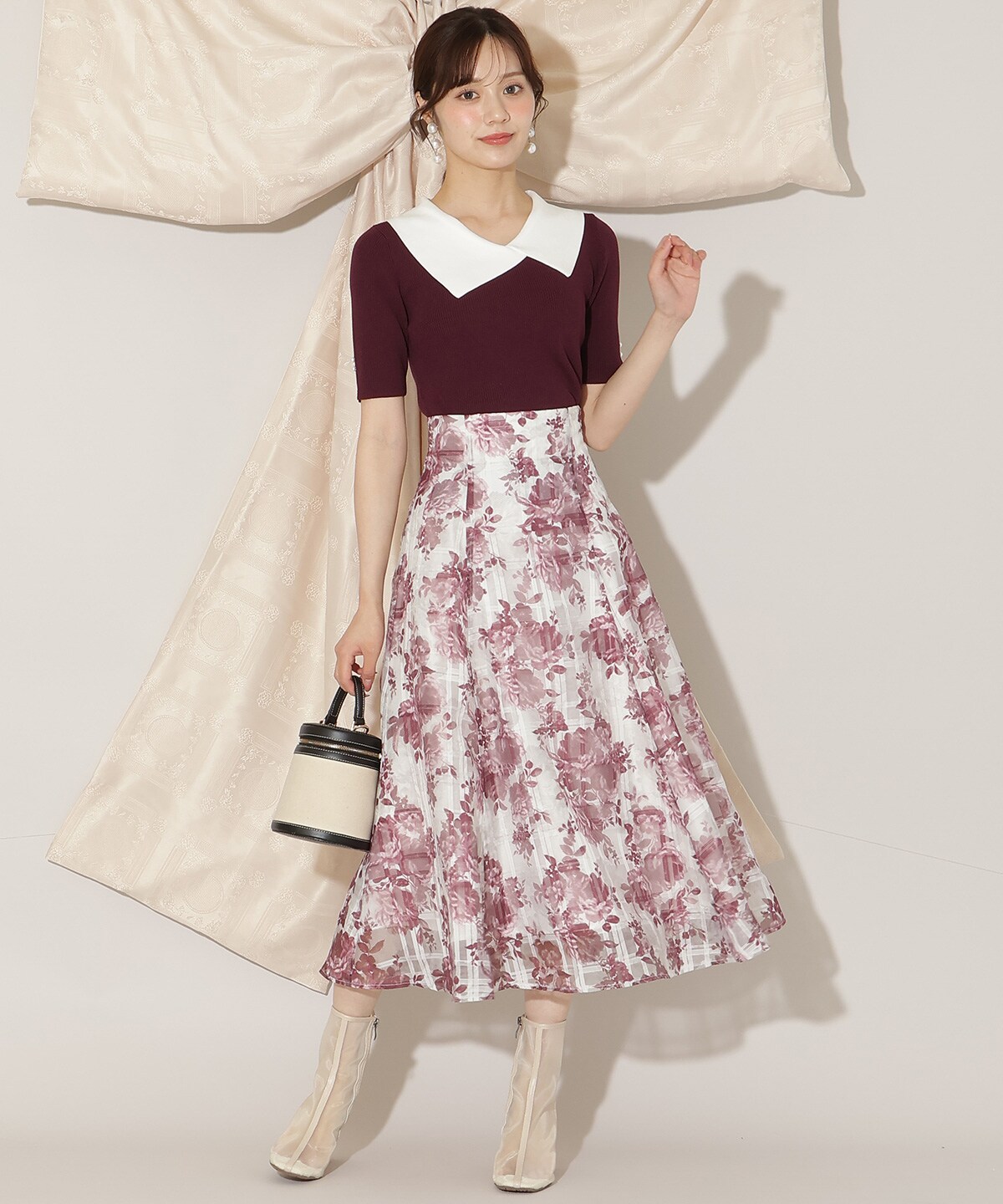 モノトーンフラワーオーガンジーフレアスカート