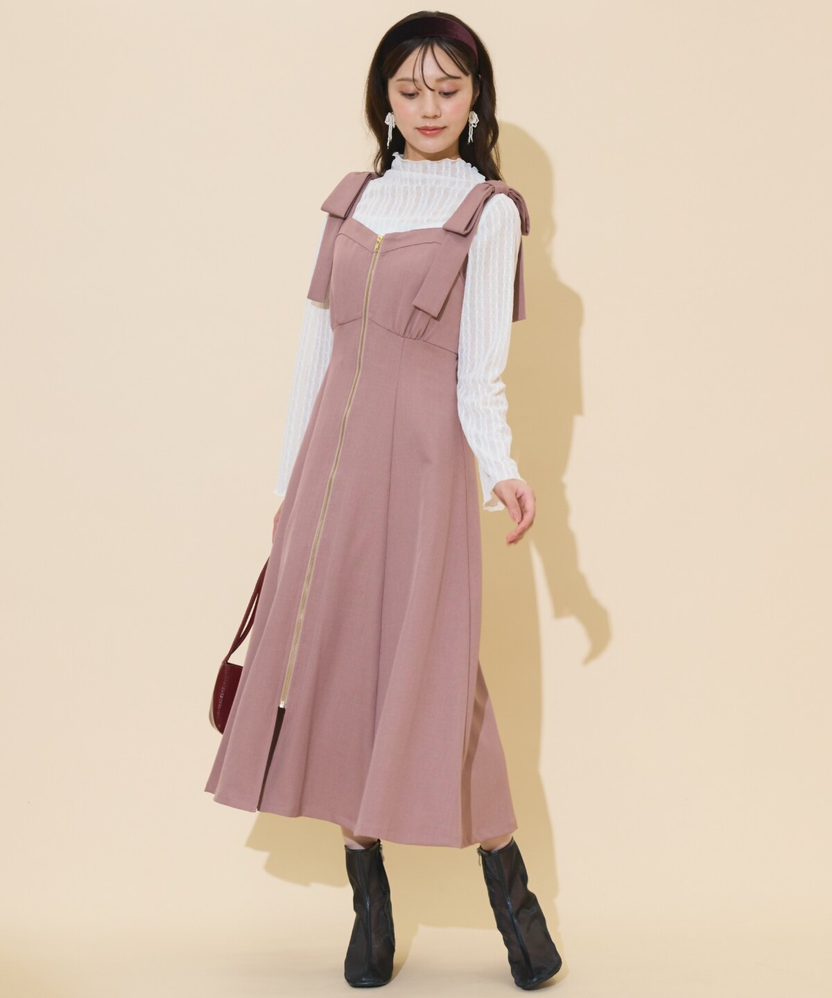 再入荷予約受付中】ショルダーリボンフロントZIPワンピース(F