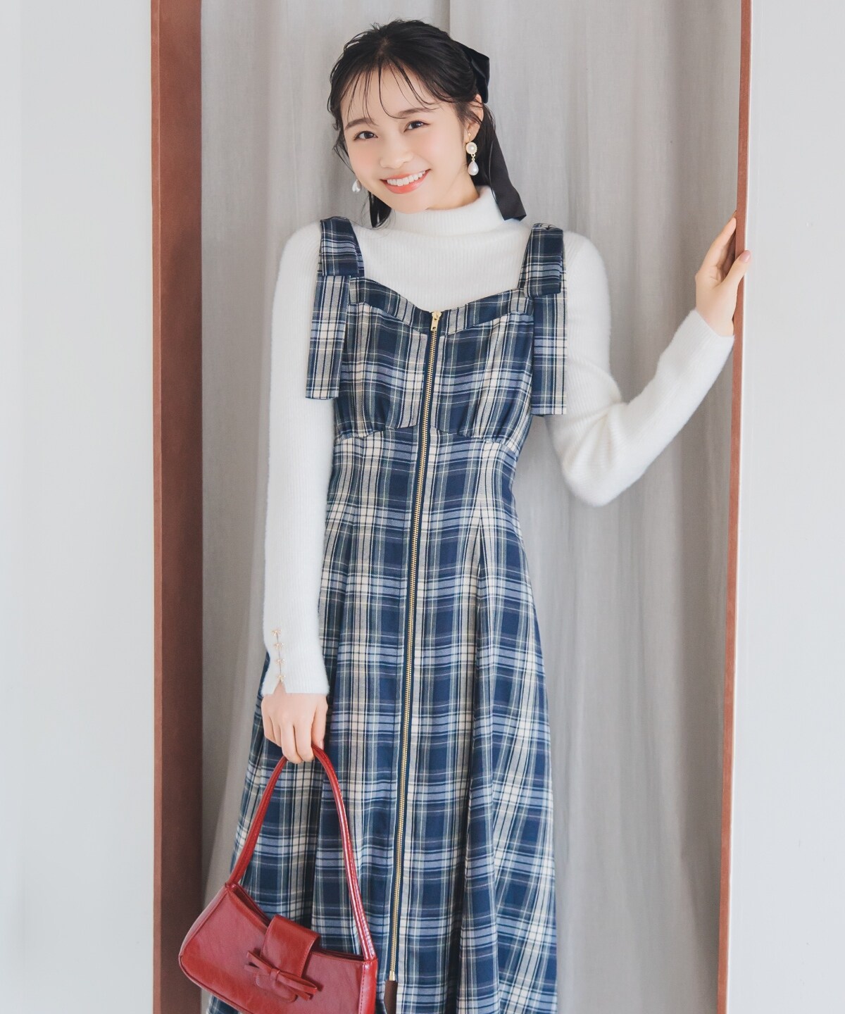 【新色追加】ショルダーリボンフロントZIPワンピース