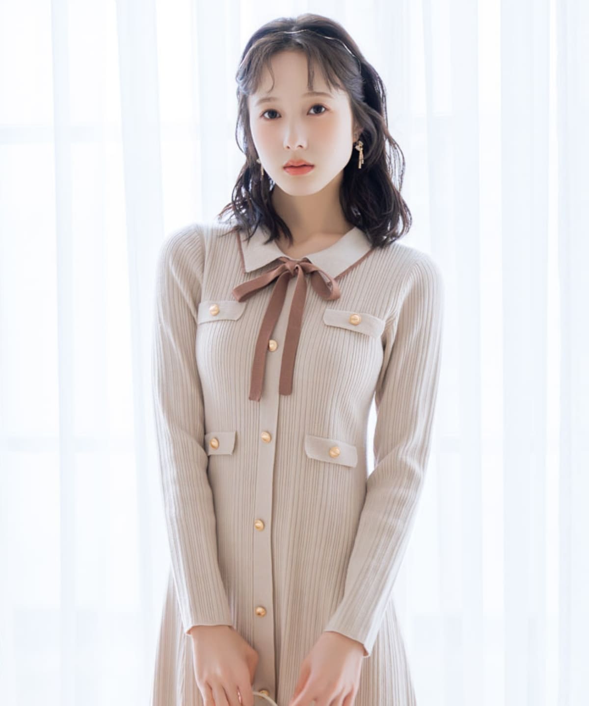 フロントボタンリボンタイニットワンピース