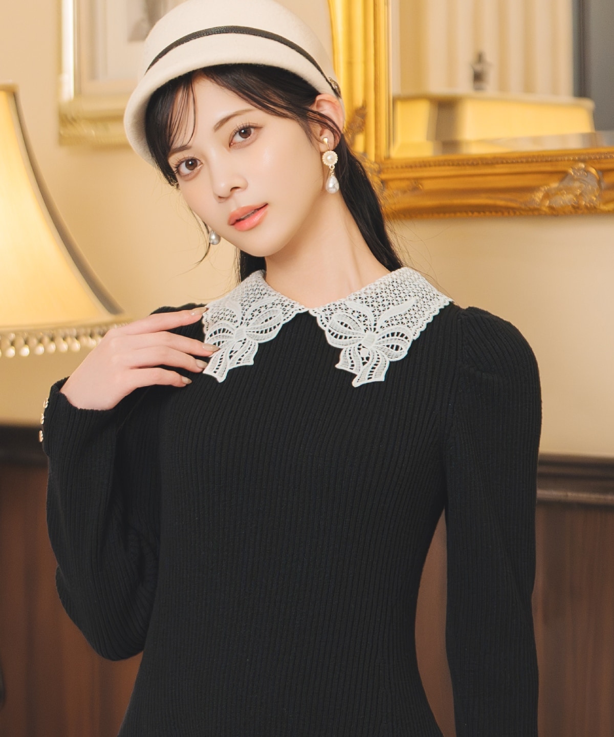 【12/5(fri)10時発売】リボンレースカラーニットワンピース