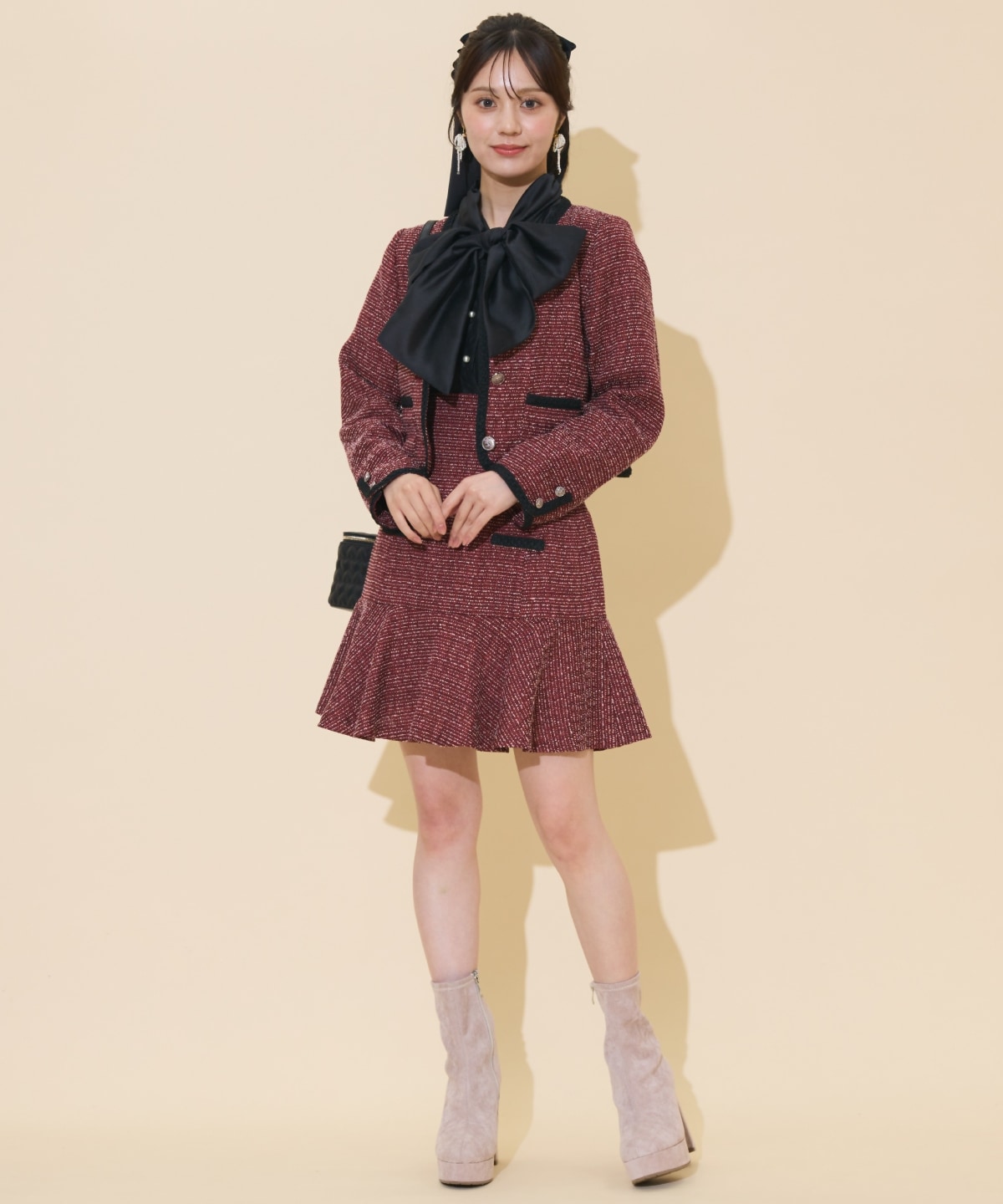 ブレードデザインノーカラーツイードジャケット