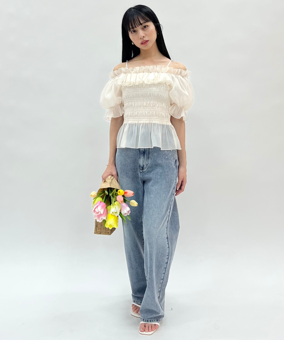 シャーリングペプラムブラウス