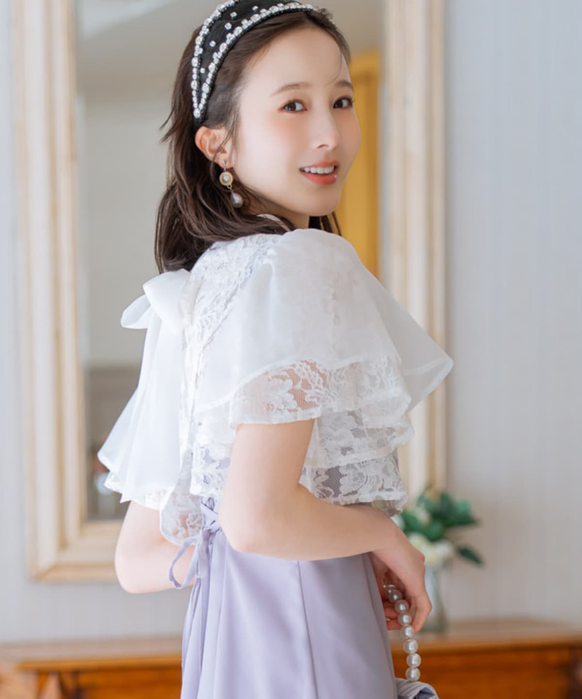 バックリボンシフォンレースブラウス×フレアロングキャミワンピース