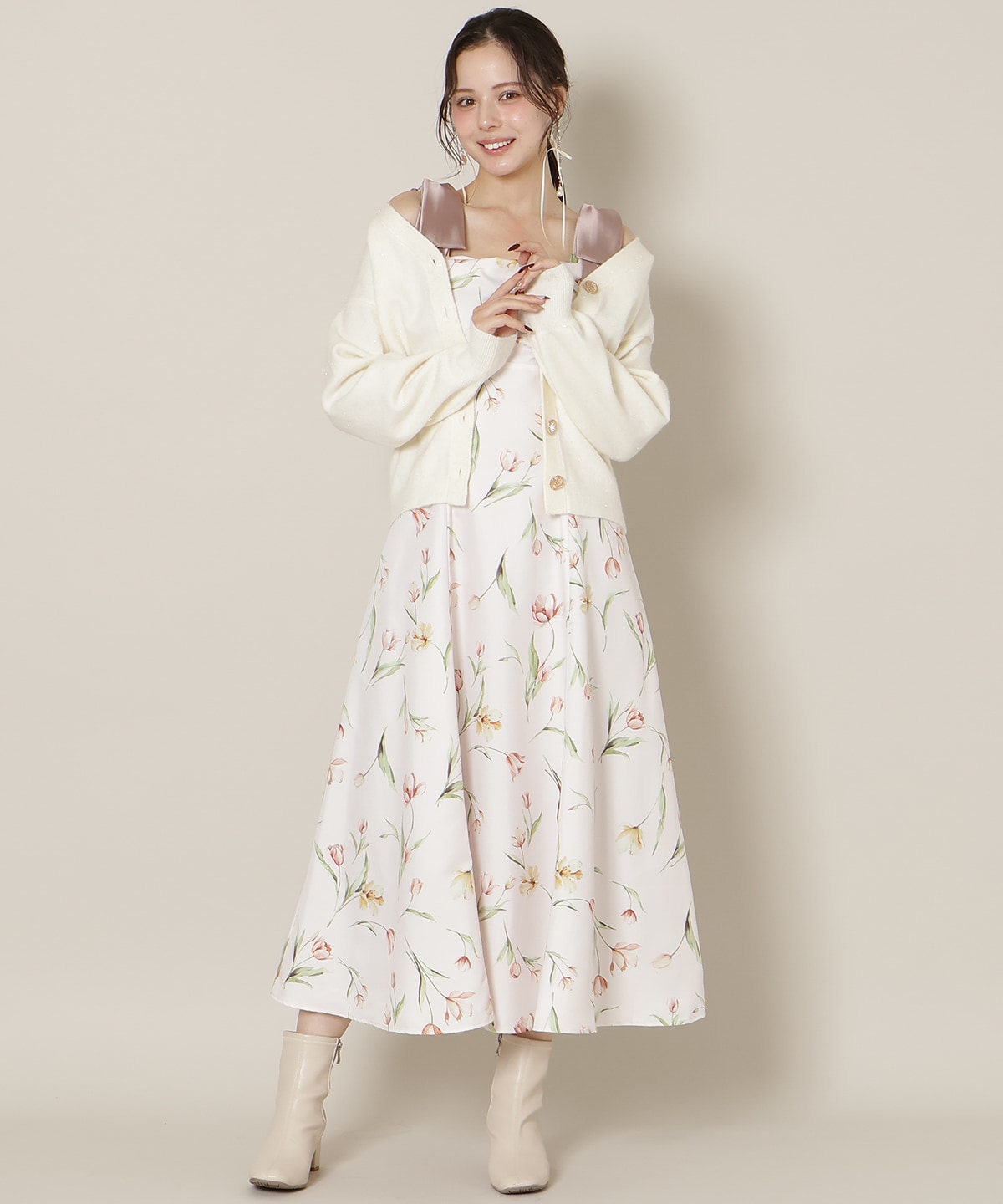 【再入荷】リボンショルダーチューリップフレアワンピース