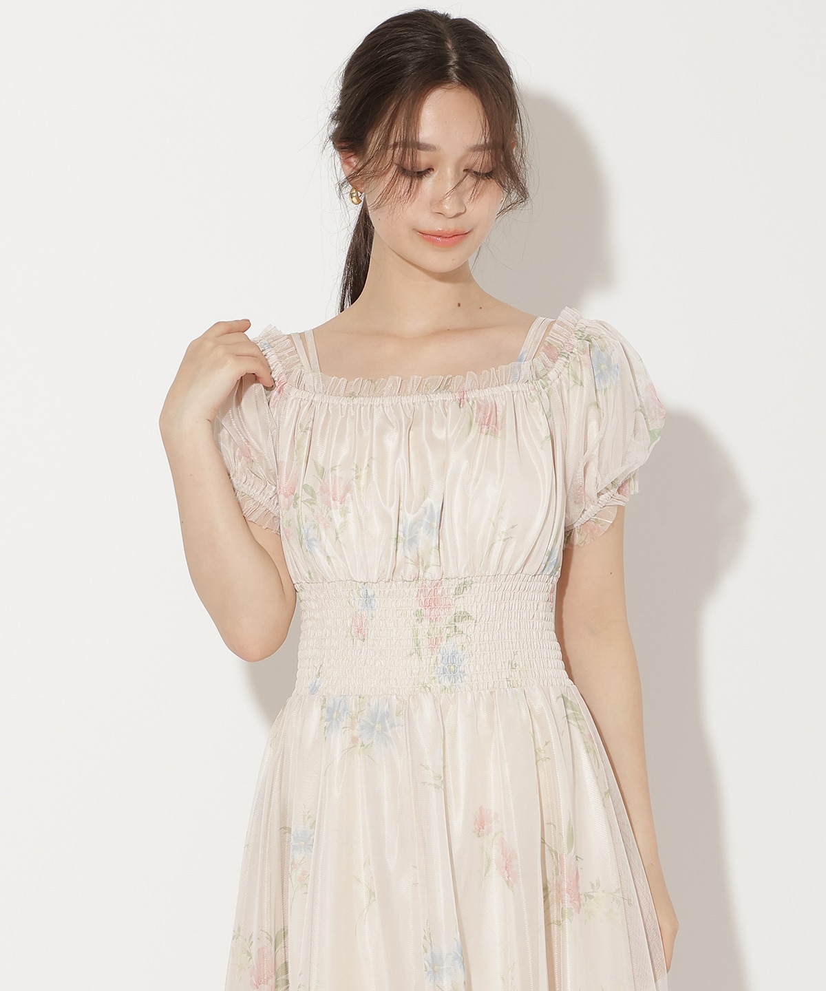 フラワーメッシュオフショルワンピース