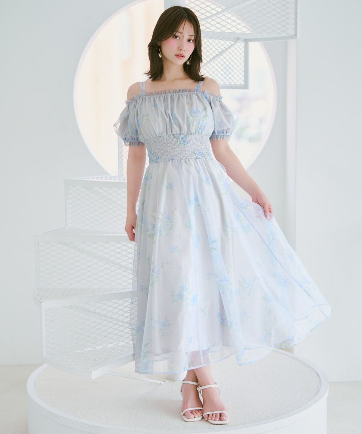 フラワーメッシュオフショルワンピース