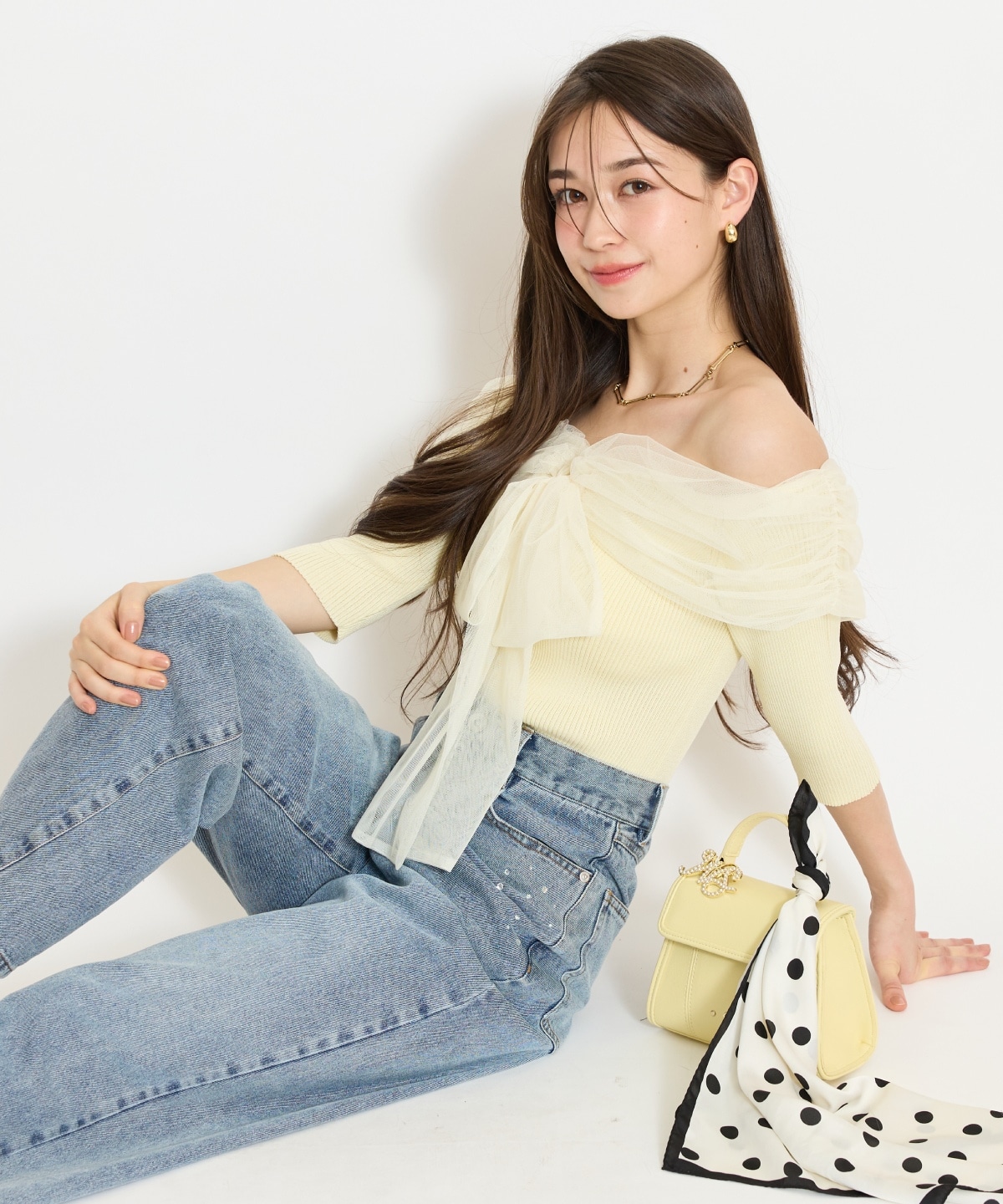 リボンチュールレイヤードリブニット