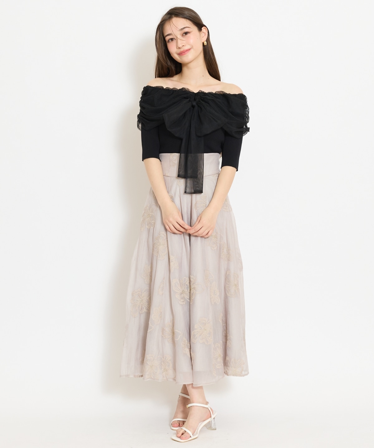 リボンチュールレイヤードリブニット