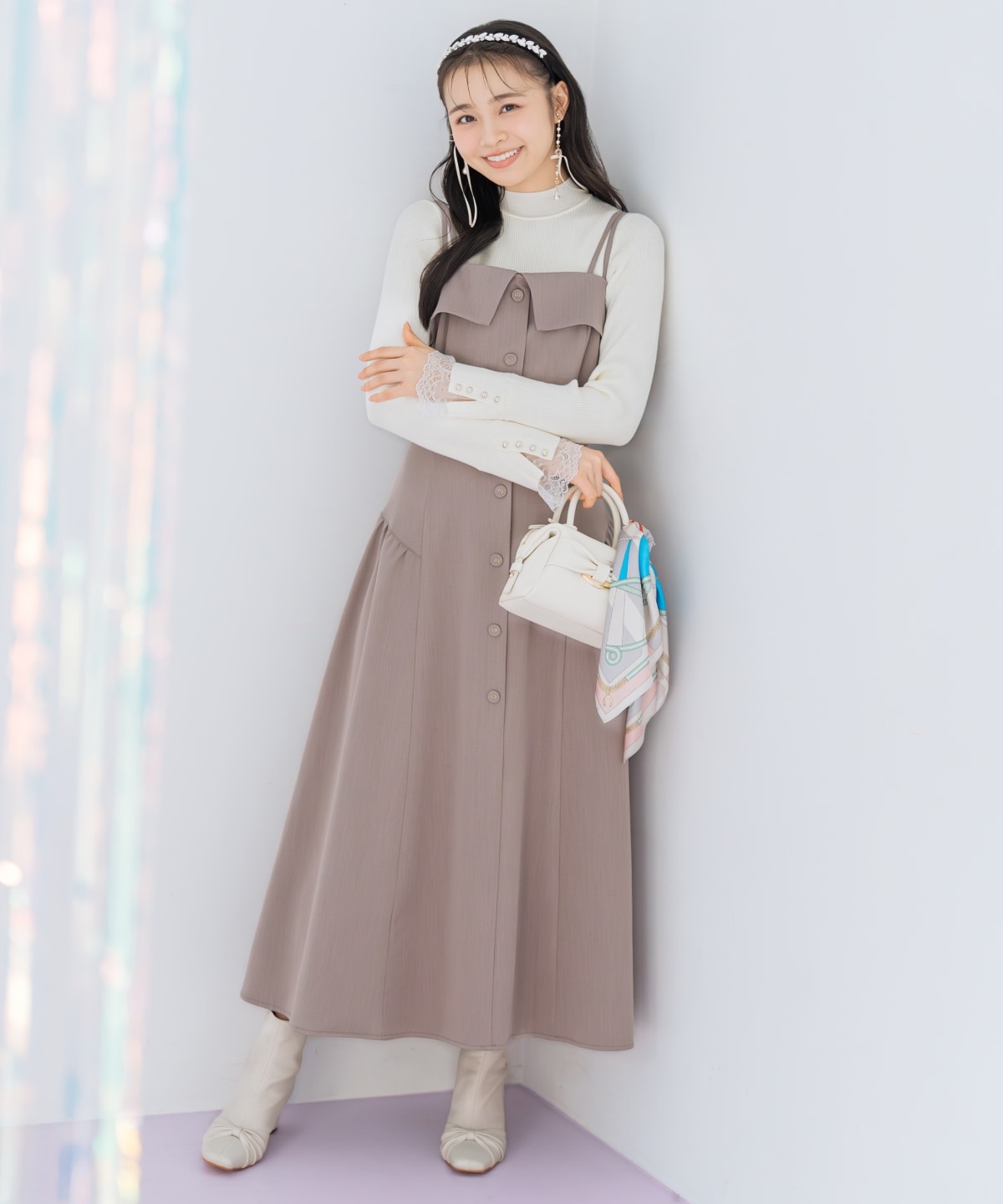 袖口レースハイネックリブニット