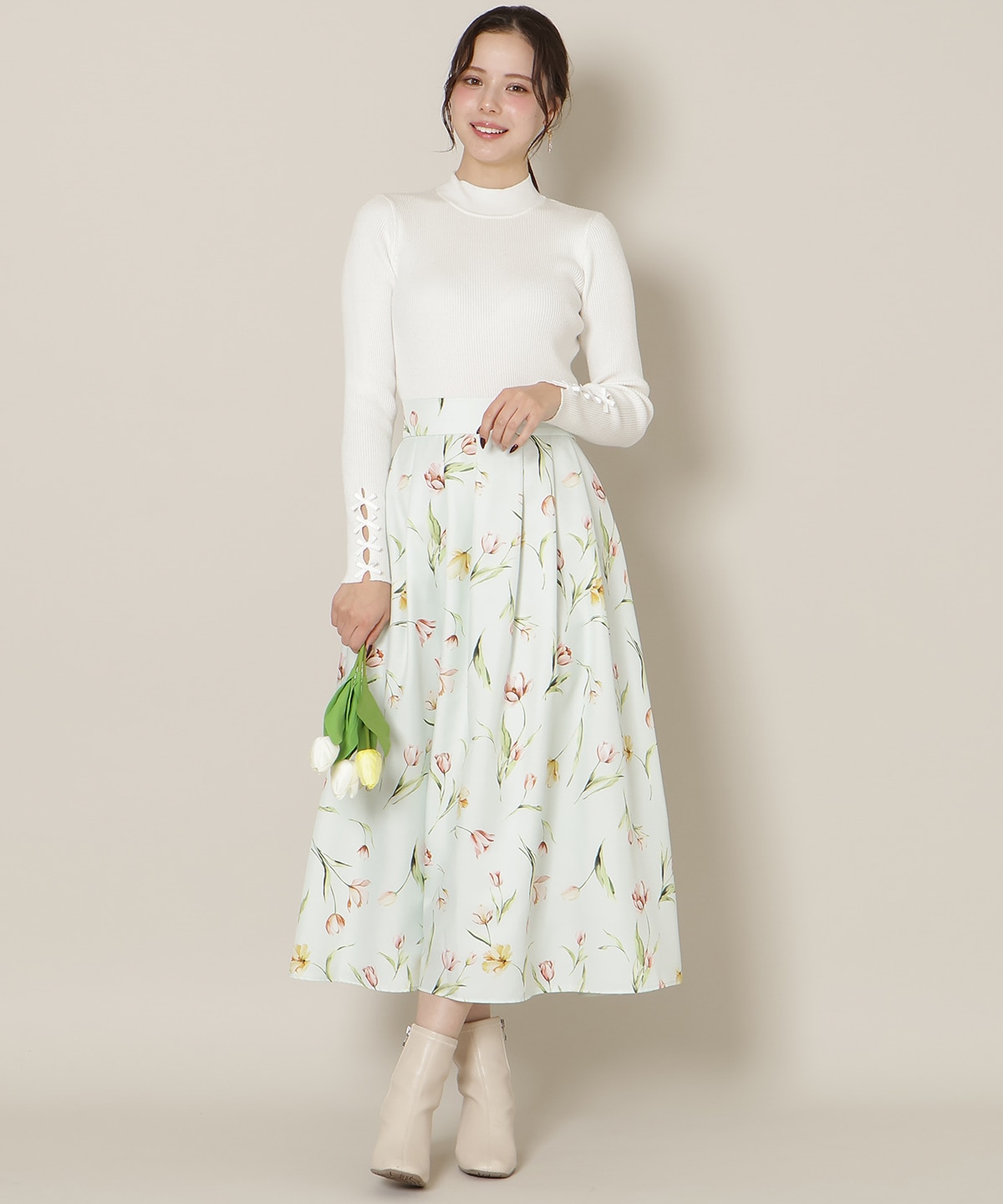 袖リボンラメリブニット