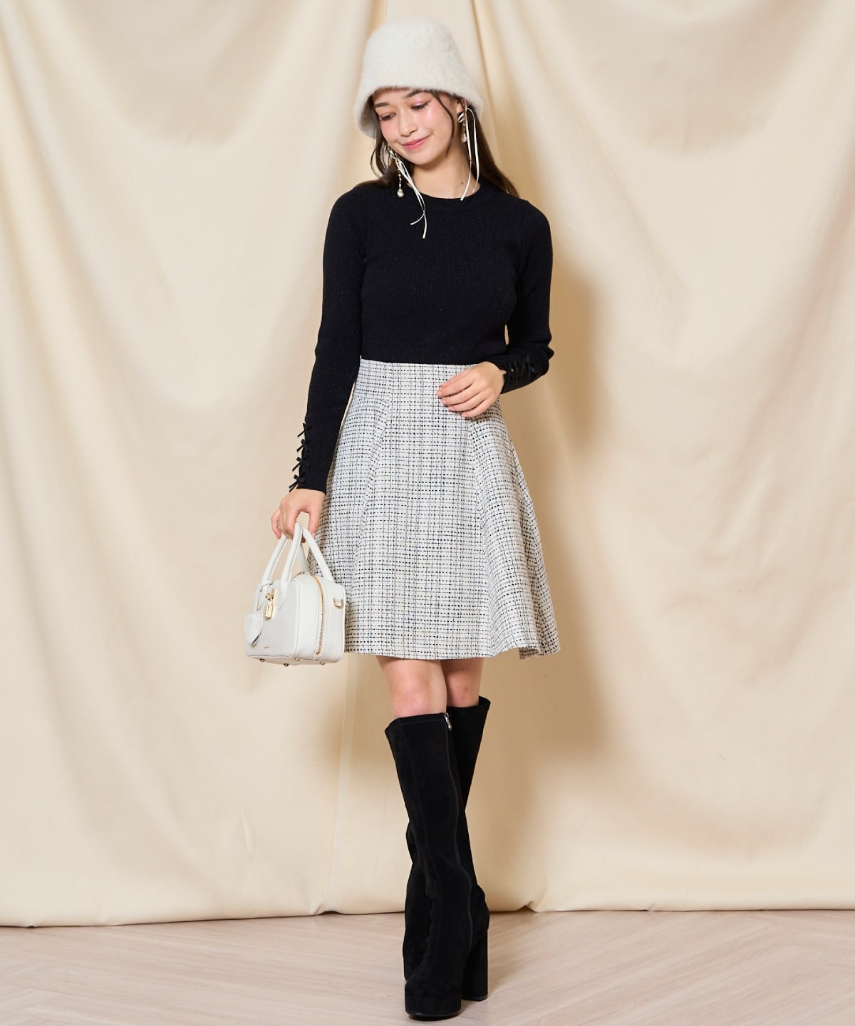 袖リボンラメリブニット