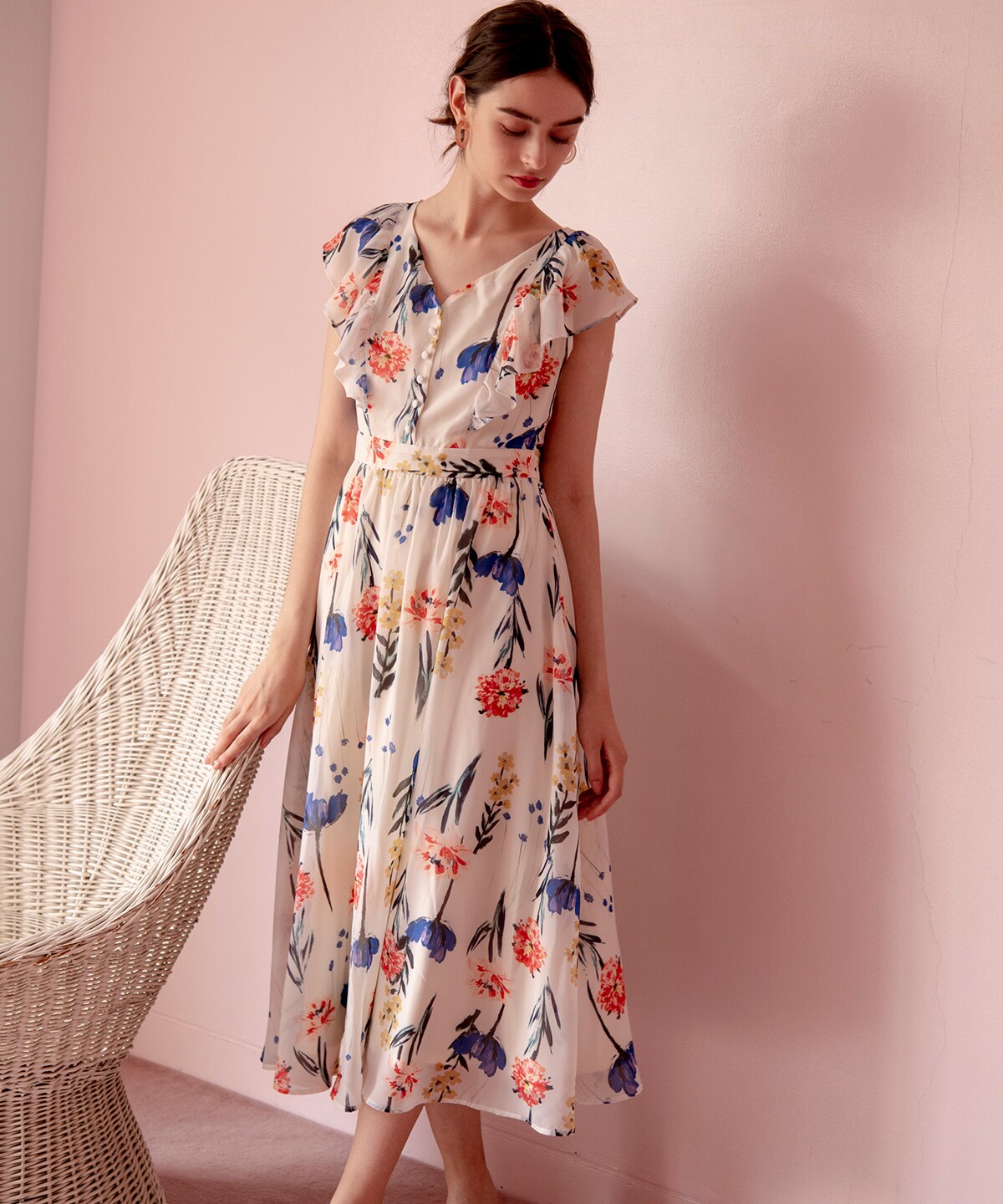 ラインフラワープリント袖フリルワンピース M 白系花柄 And Couture 公式オンラインショップ バーンデストローズ