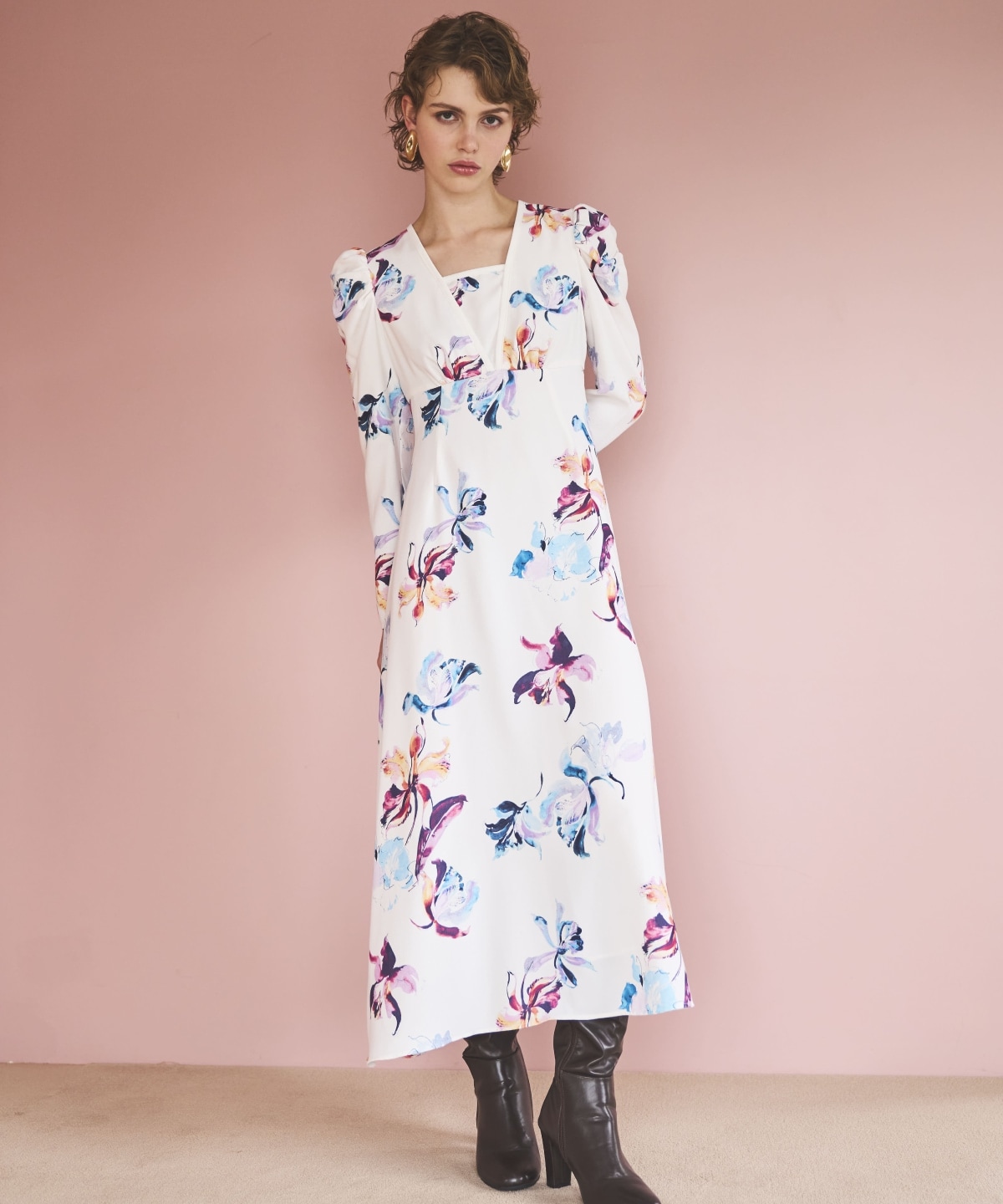 ウォーターフラワープリントワンピース