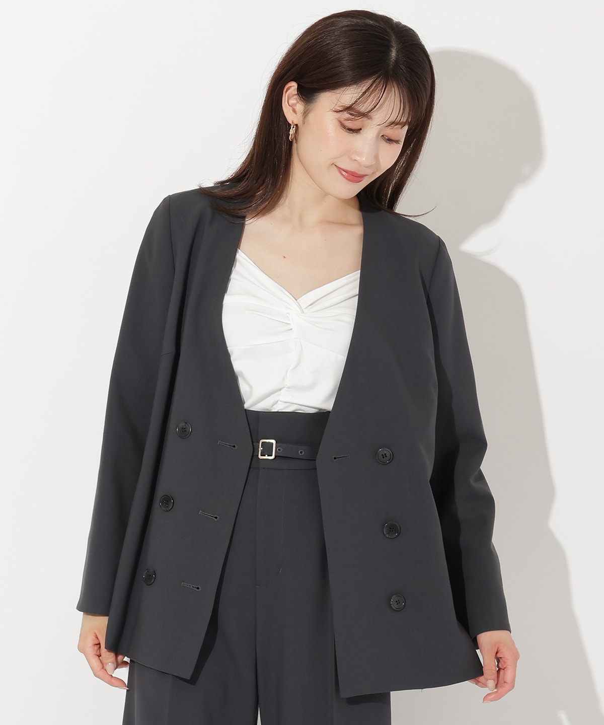 ノーカラーダブルジャケット