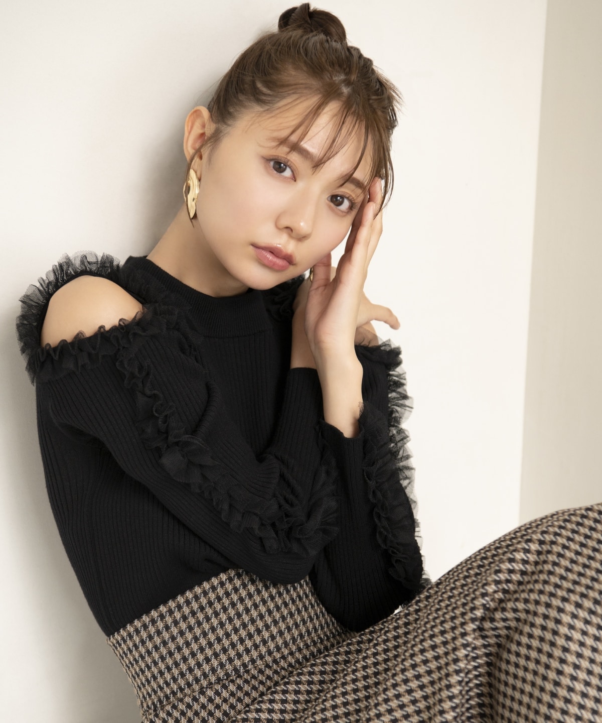 チュールフリルオフショルニットプルオーバー