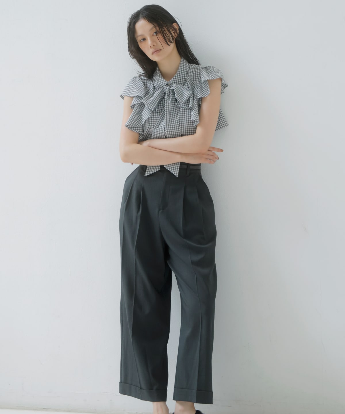 ギンガムサッカーフリルブラウス