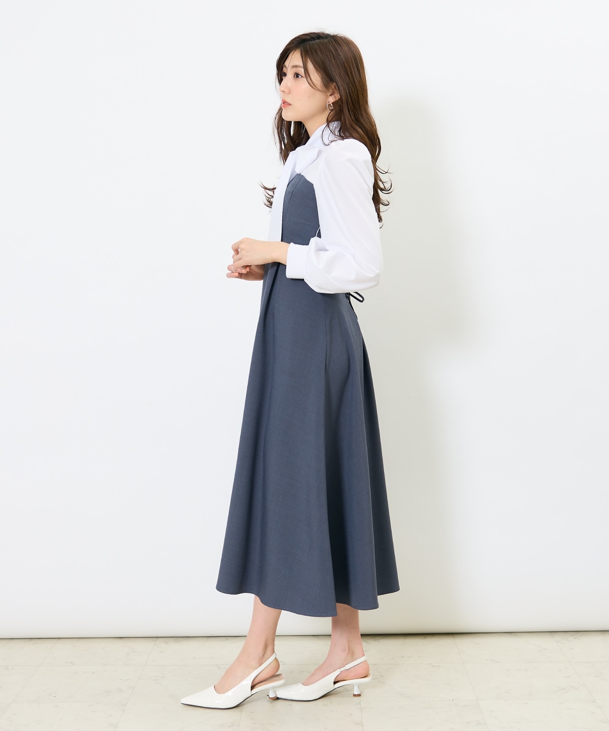 ヨーク切替リボンタイワンピース