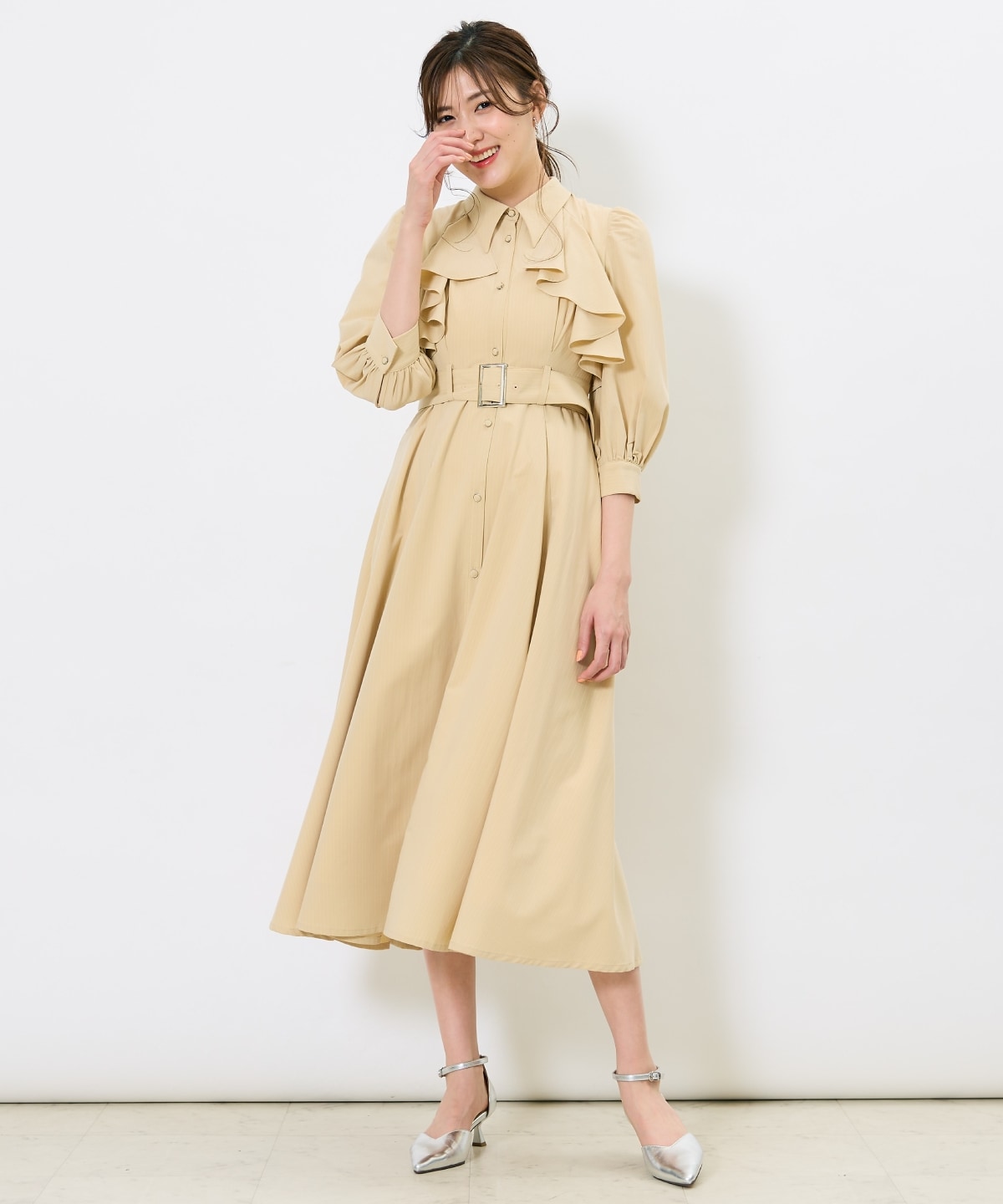 ストライプフリルケープワンピース