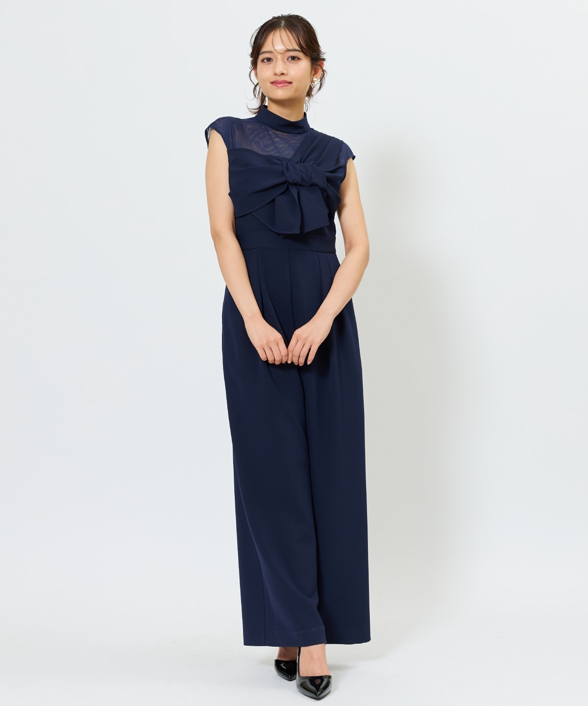 アシメショルダーリボンオールインワン