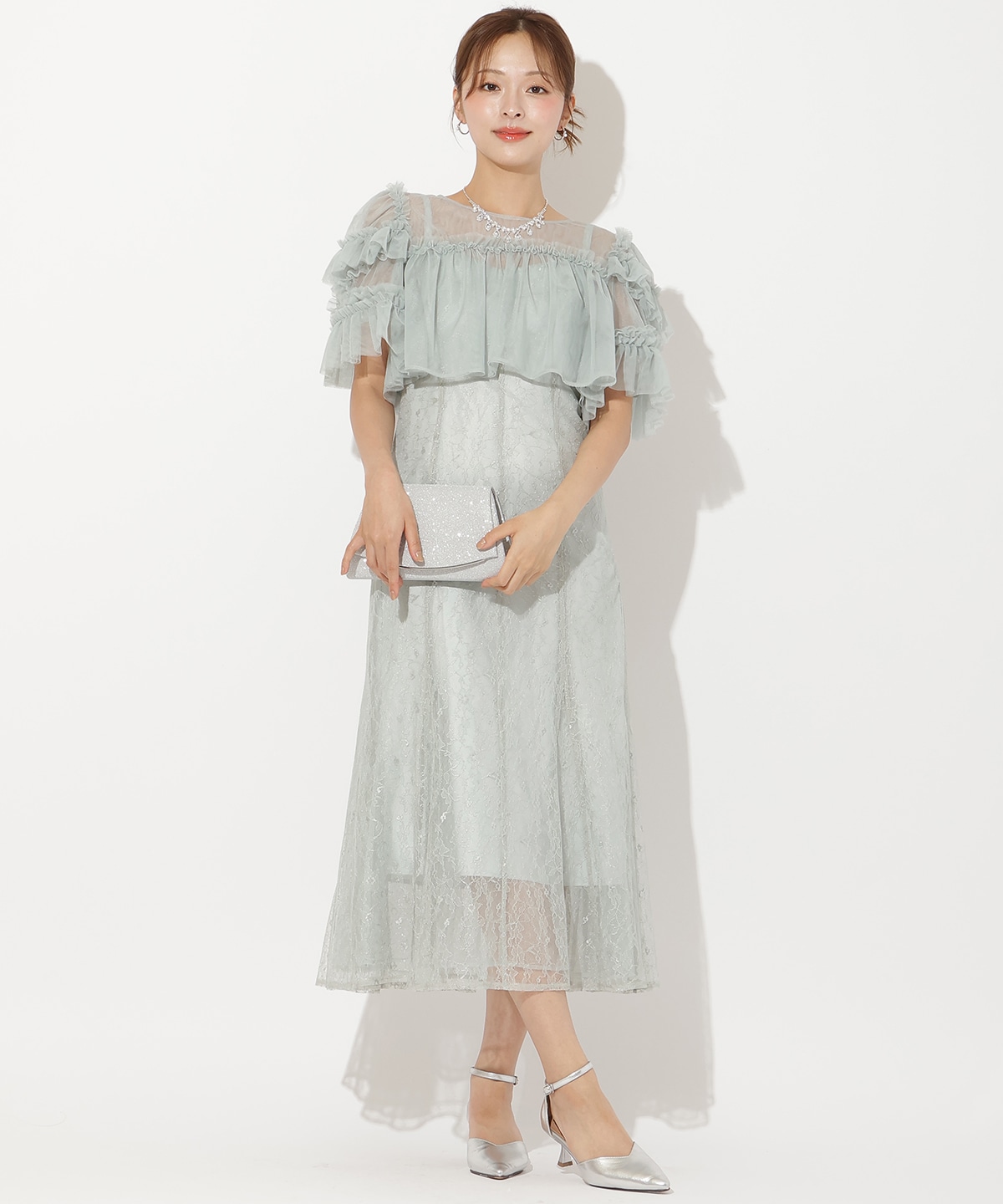 チュールフリルブラウス+レースキャミドレス