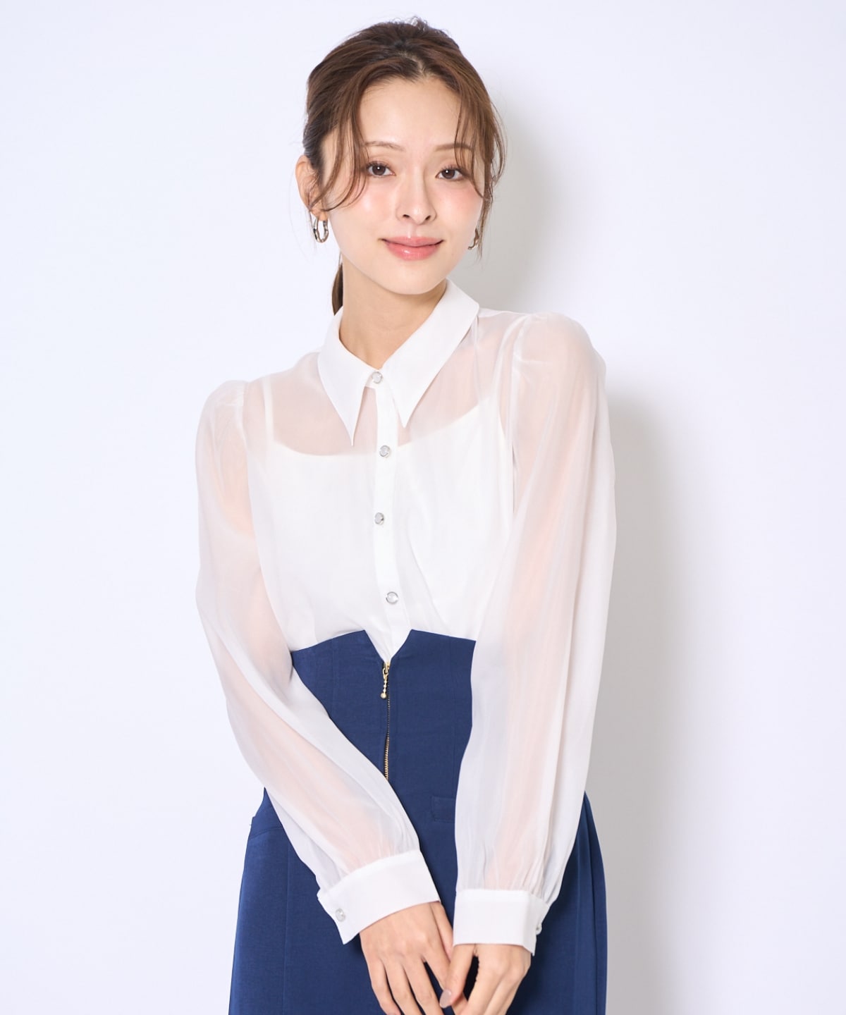 バタフライリボンシアー長袖ブラウス