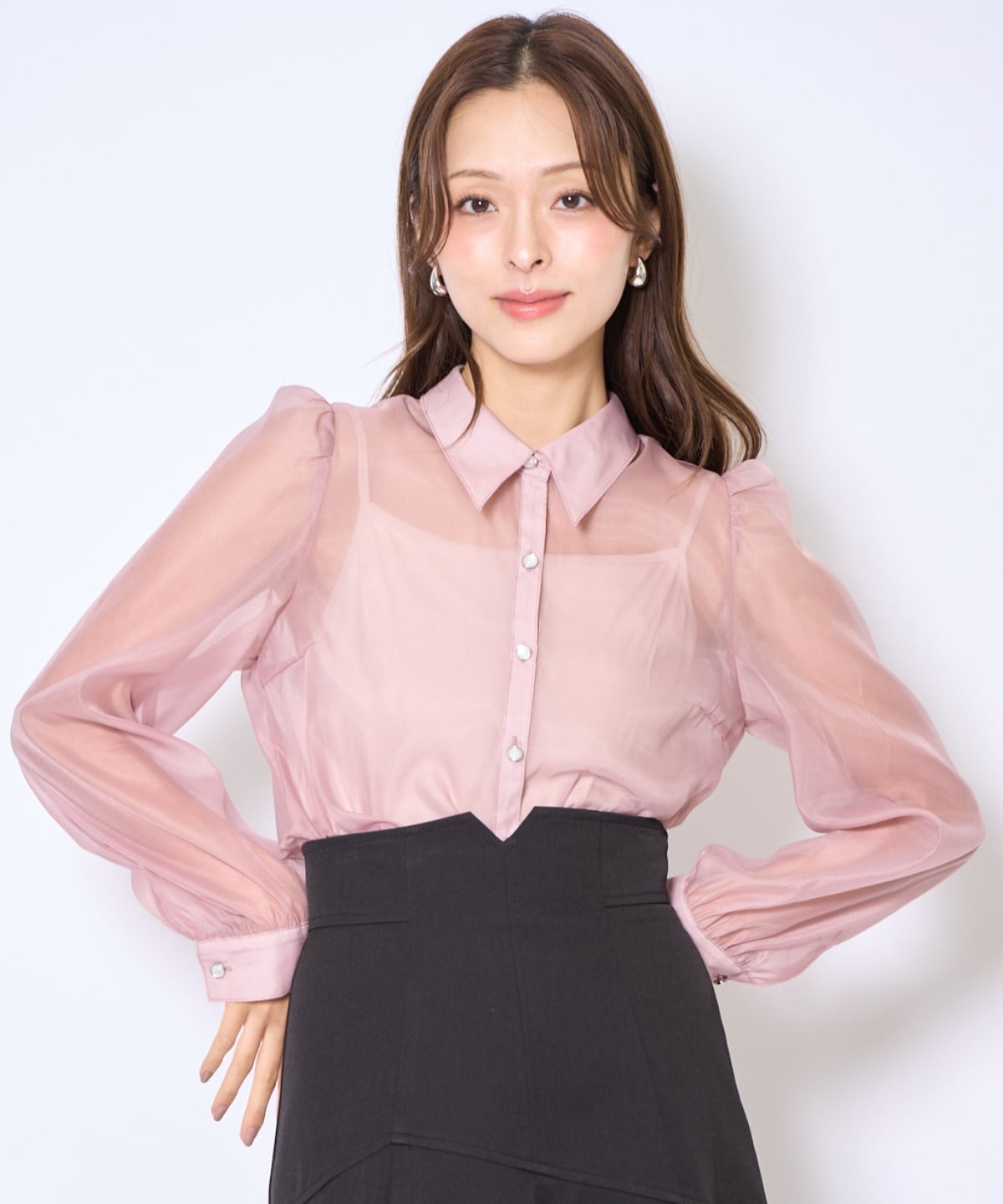 バタフライリボンシアー長袖ブラウス