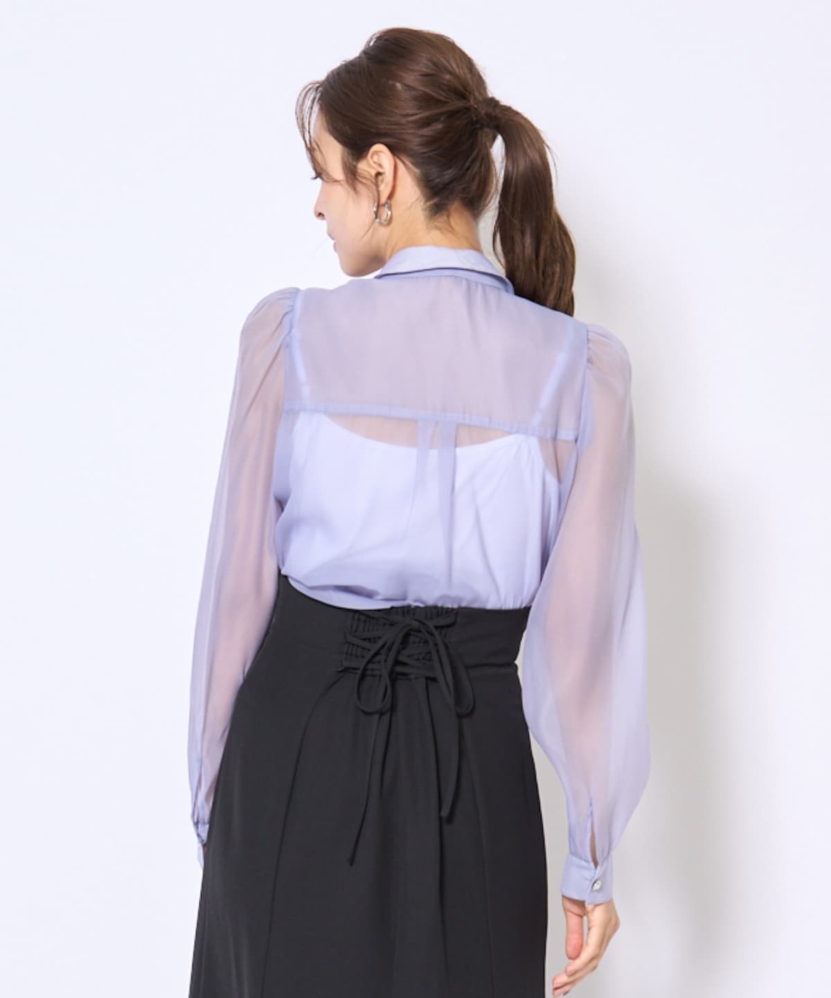 バタフライリボンシアー長袖ブラウス