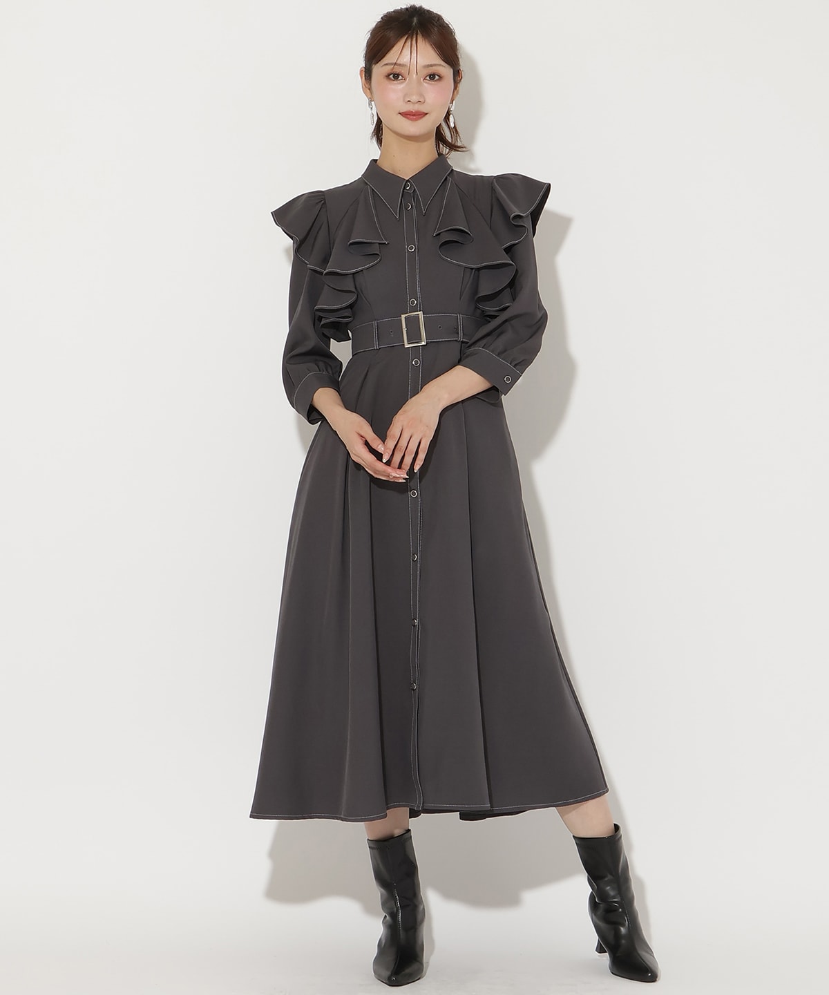 フリルケープ7分袖ワンピース