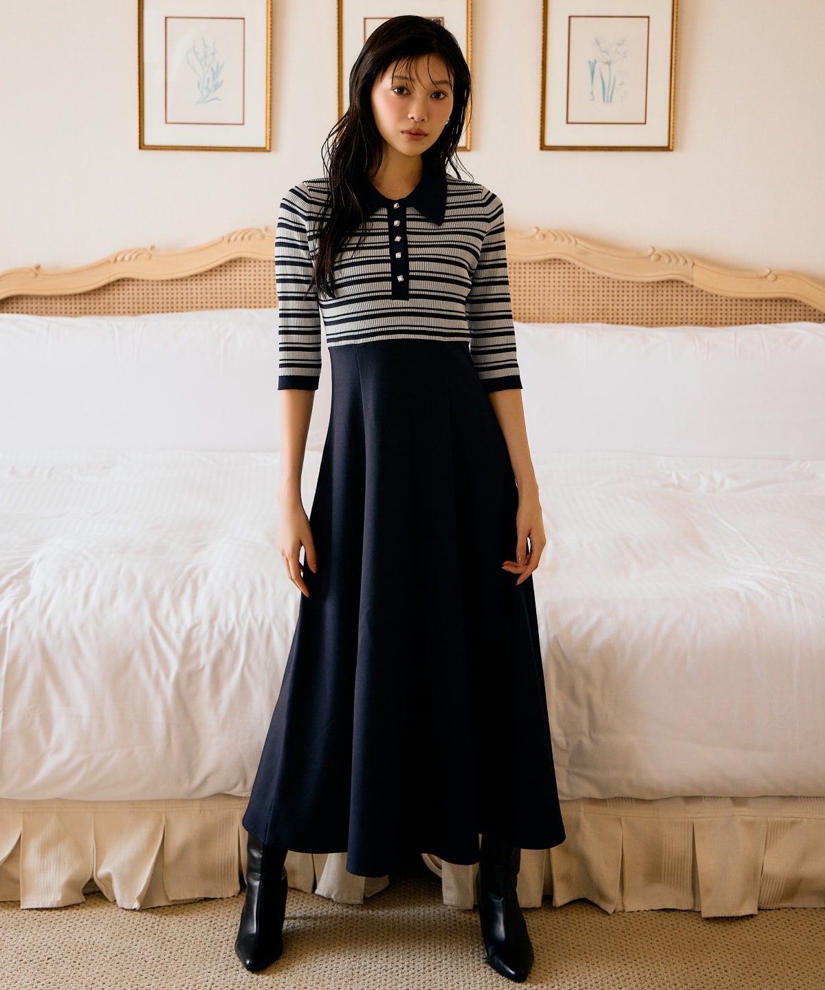 襟付きボーダードッキングワンピース