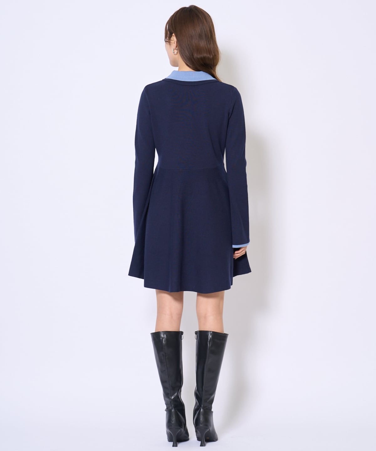 バイカラーポロニットフレアミニワンピース