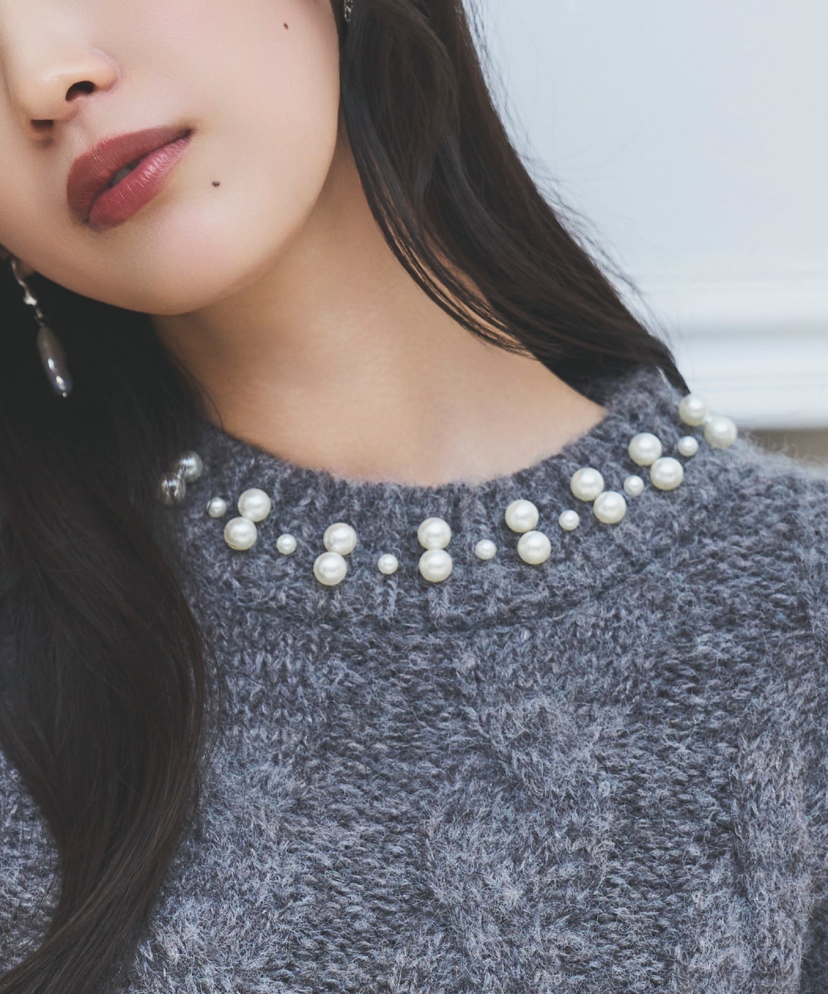 パール襟ケーブルニットプルオーバー