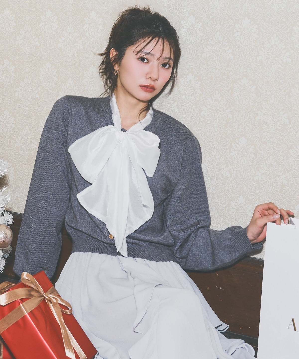 異素材リボンニットカーディガン