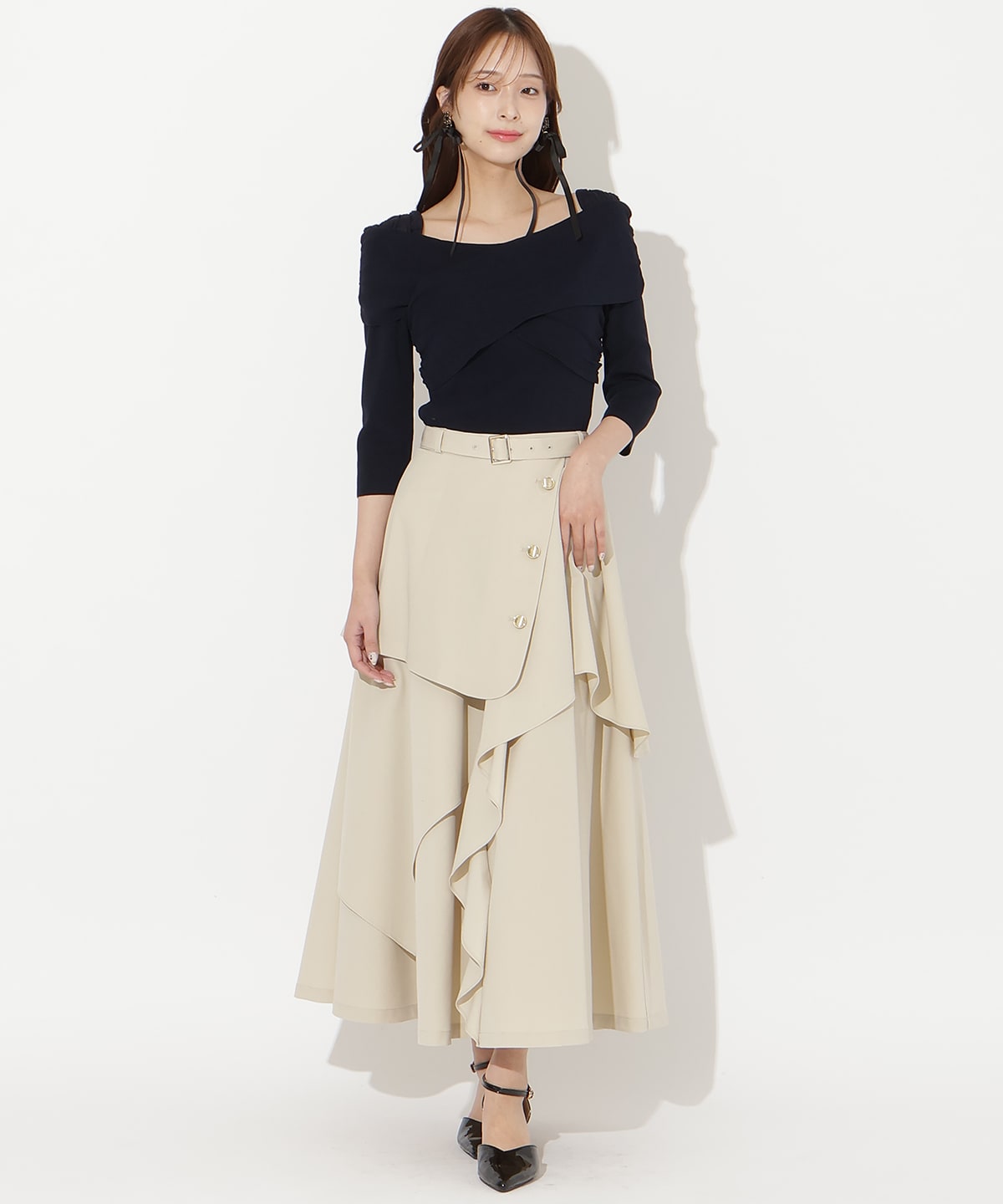 【先行予約受付中】ベルト付きレイヤードデザインフレアスカート